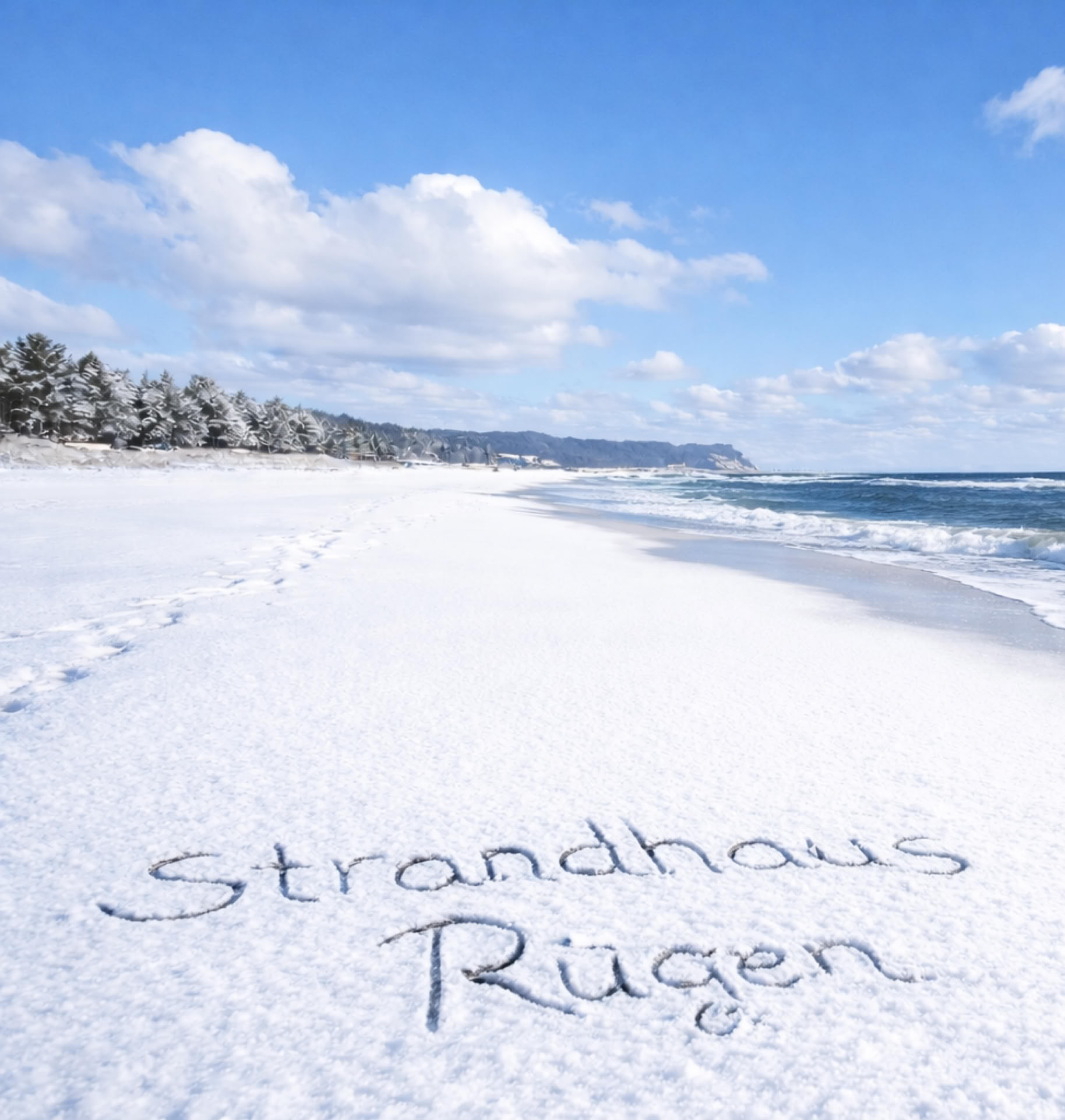 Verschneiter Strand mit Fußspuren, Schriftzug "Strandhaus Rügen" im Schnee, Meer und blauer Himmel im Hintergrund.